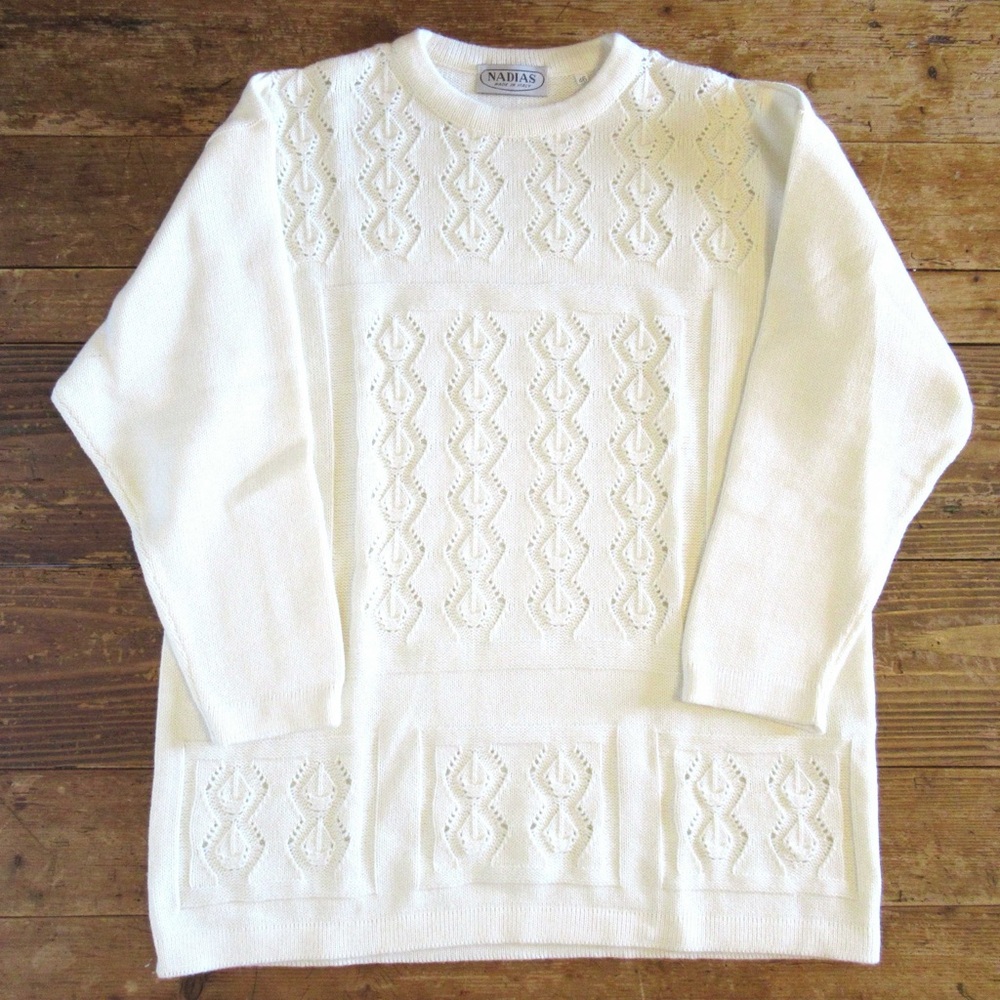 Nadias Italy Sweater Womens 46 Large Cream Wool Cashmere Cable Knit Crochet VTG
